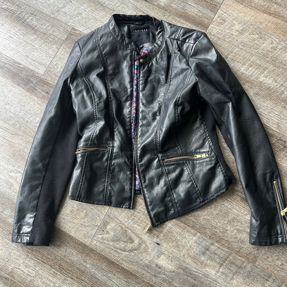 Therapy Black Leather Jacket with Colorful Trim